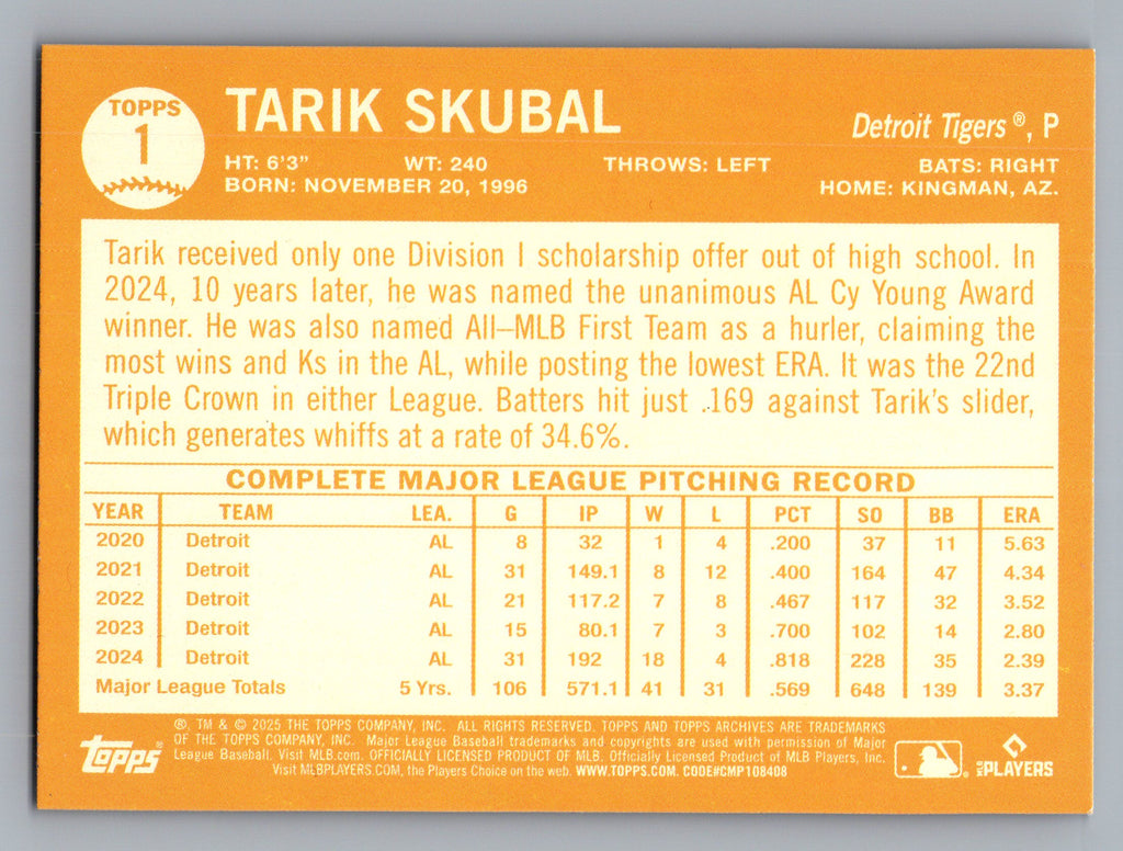 2025 Topps Archives #1 Tarik Skubal Black Foilboard