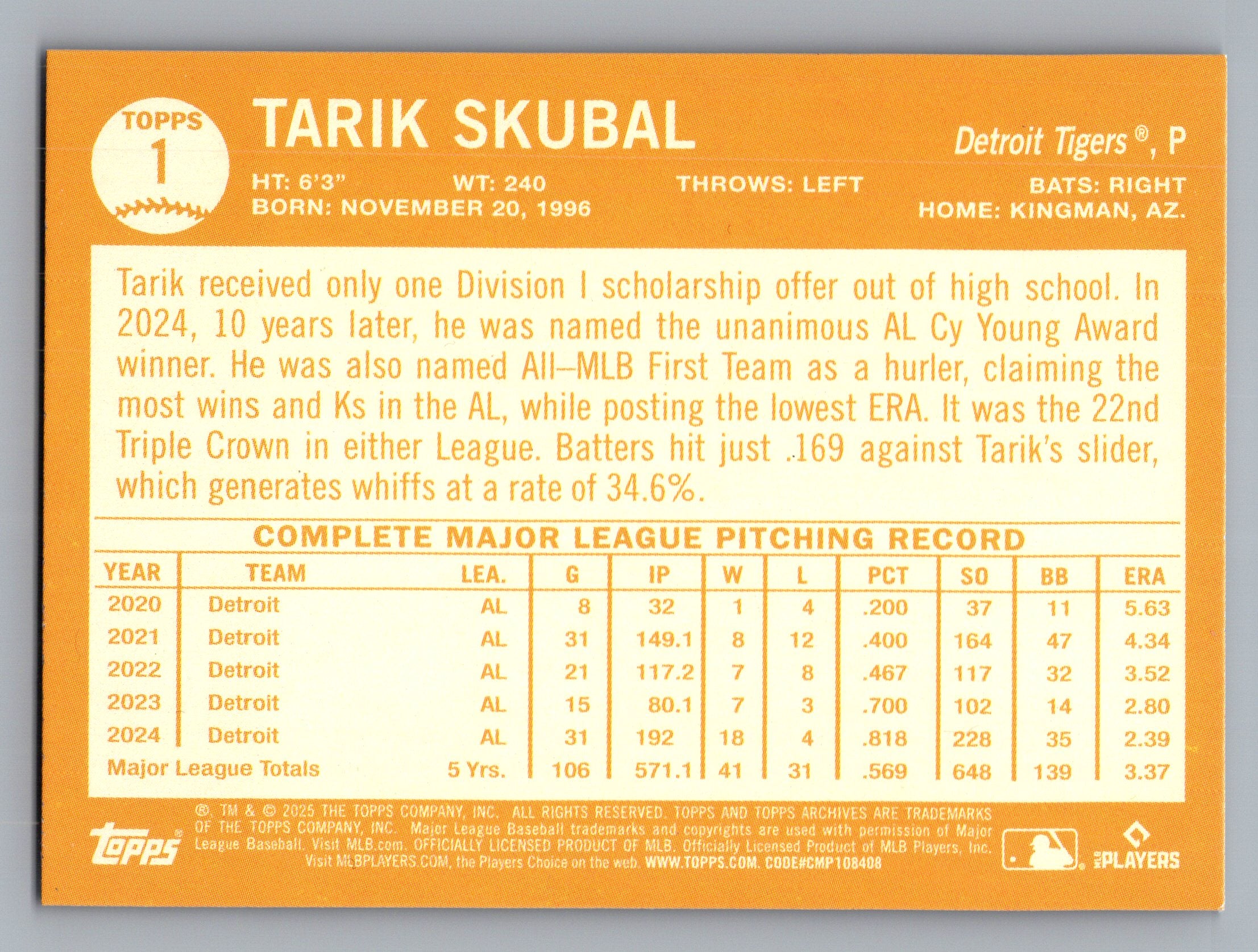 2025 Topps Archives #1 Tarik Skubal Black Foilboard