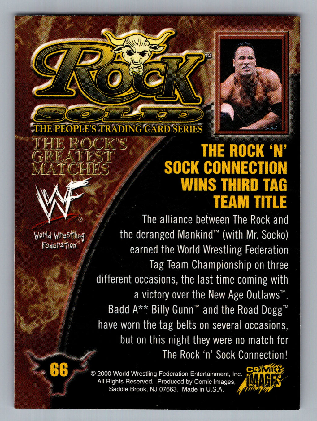 2000 Comic Images WWF Rock Solid #66 Rock 'N' Sock Wins Third Title