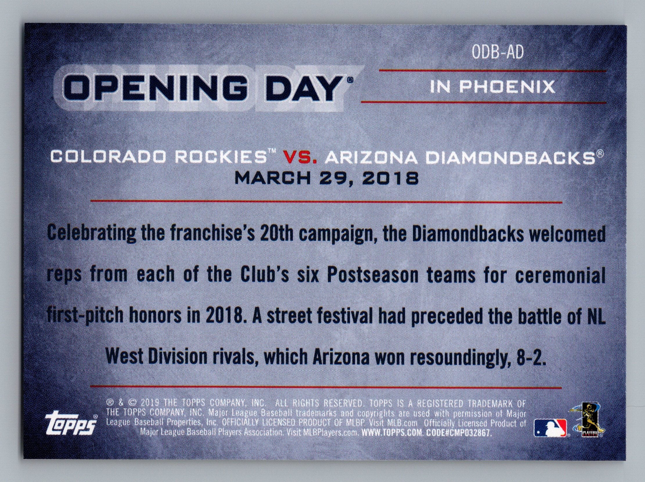 2019 Topps Opening Day #ODB-AD Arizona Diamondbacks Opening Day