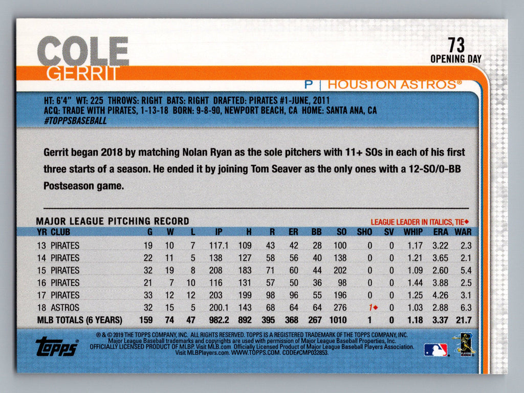 2019 Topps Opening Day #73 Gerrit Cole