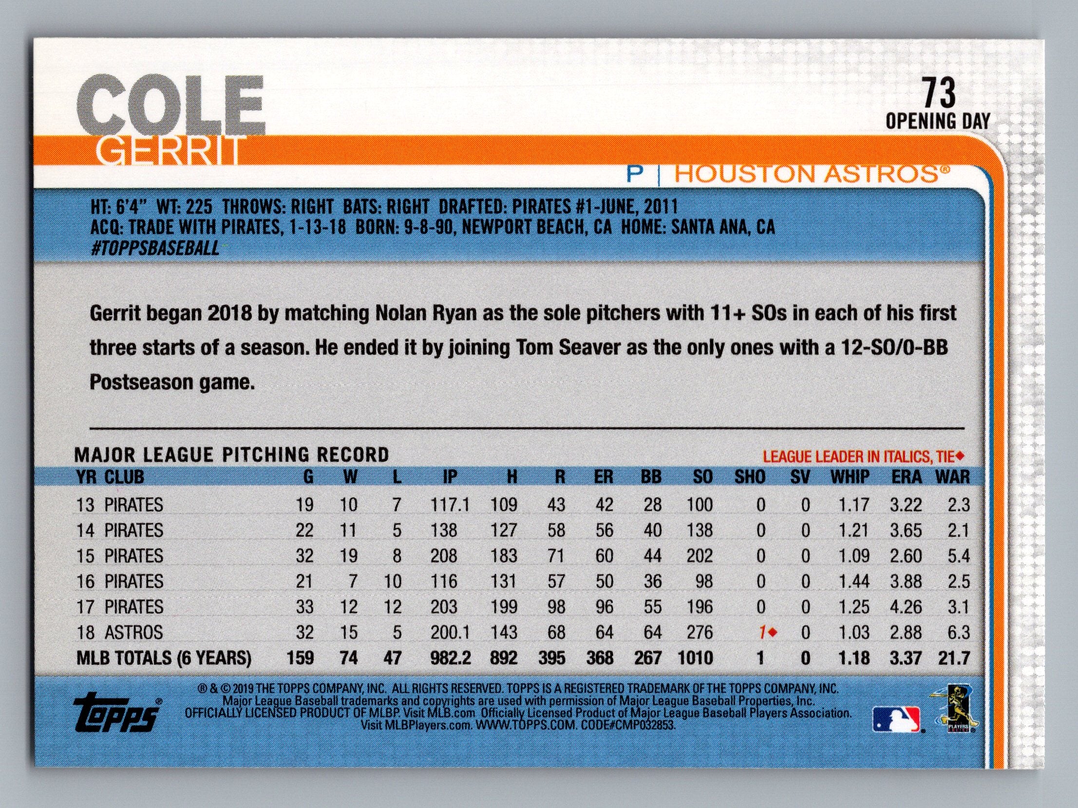2019 Topps Opening Day #73 Gerrit Cole