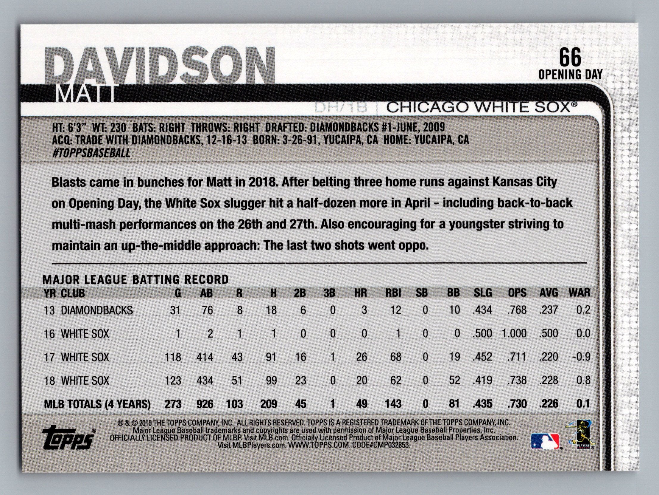 2019 Topps Opening Day #66 Matt Davidson