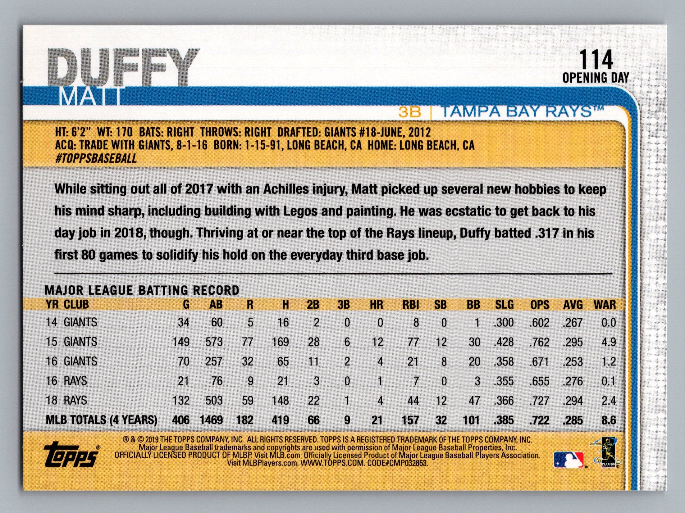 2019 Topps Opening Day #114 Matt Duffy