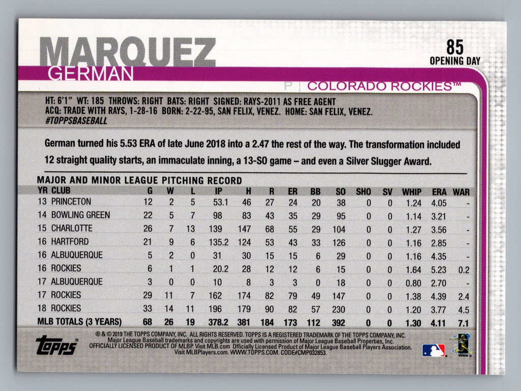 2019 Topps Opening Day #85 German Marquez