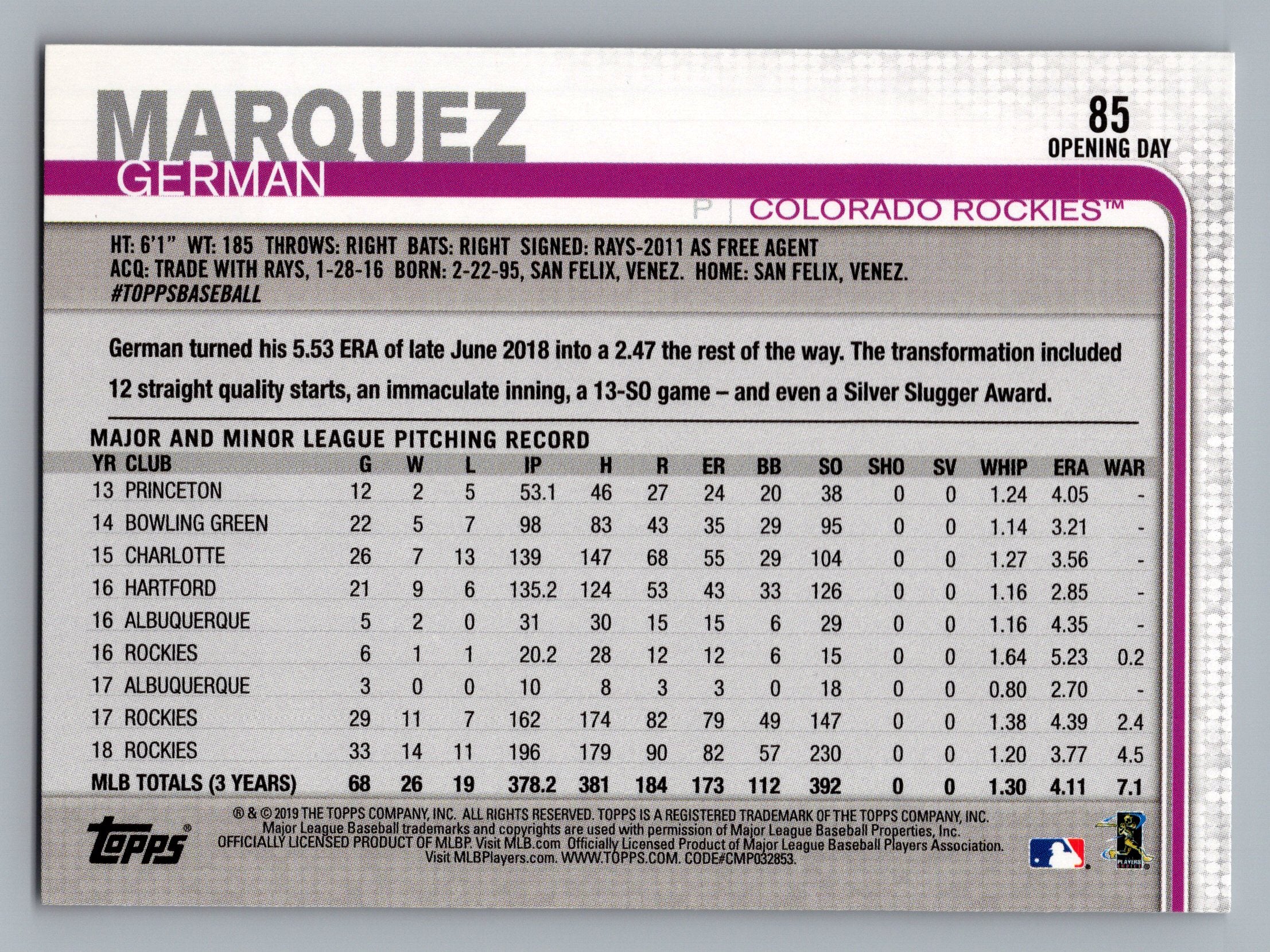 2019 Topps Opening Day #85 German Marquez