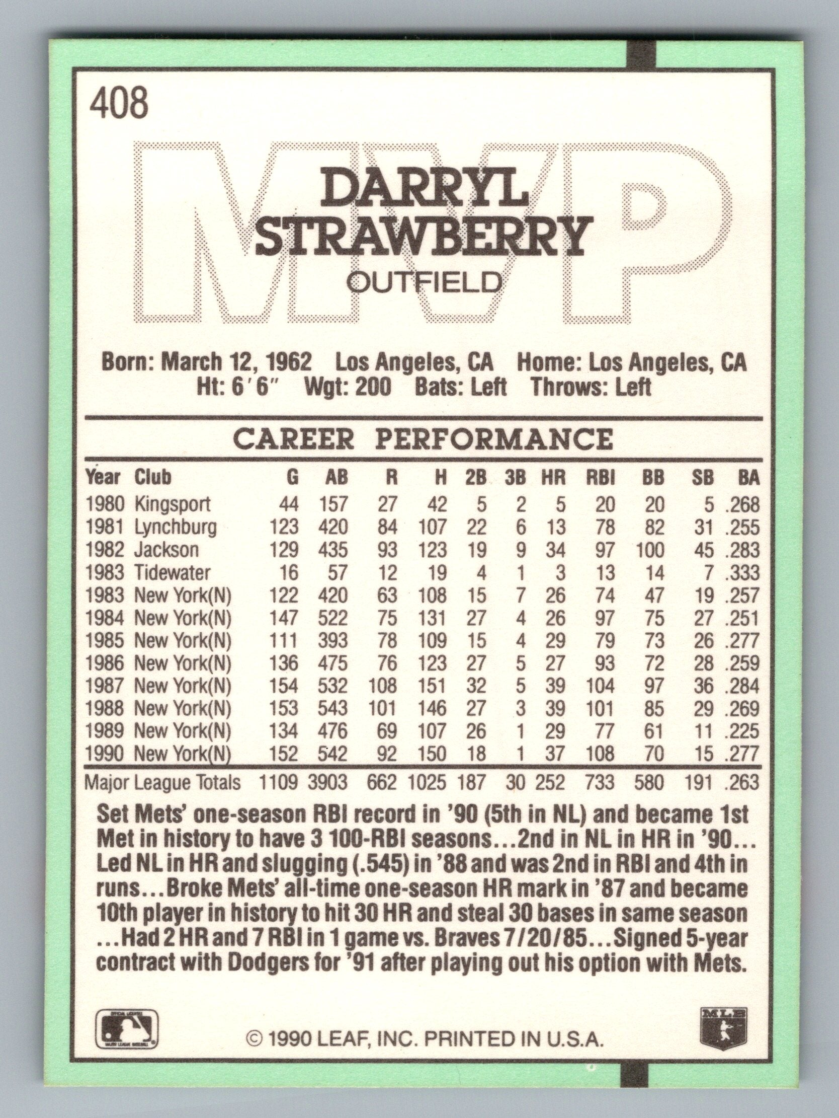 1991 Donruss #408 Darryl Strawberry