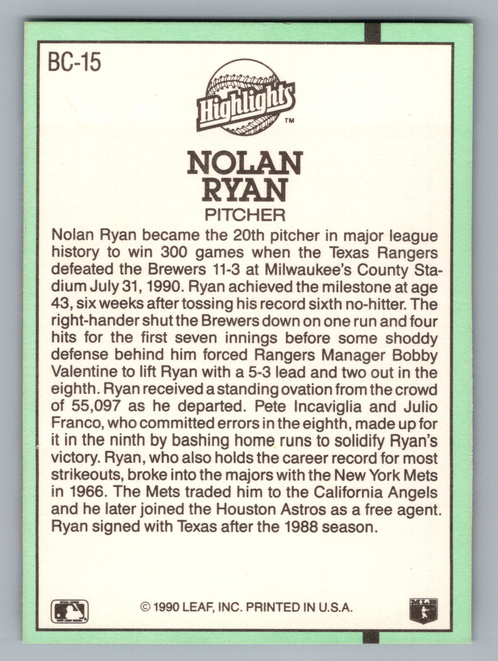 1991 Donruss #BC-15 Nolan Ryan Bonus Cards