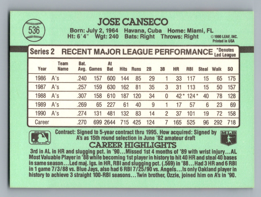 1991 Donruss #536 Jose Canseco