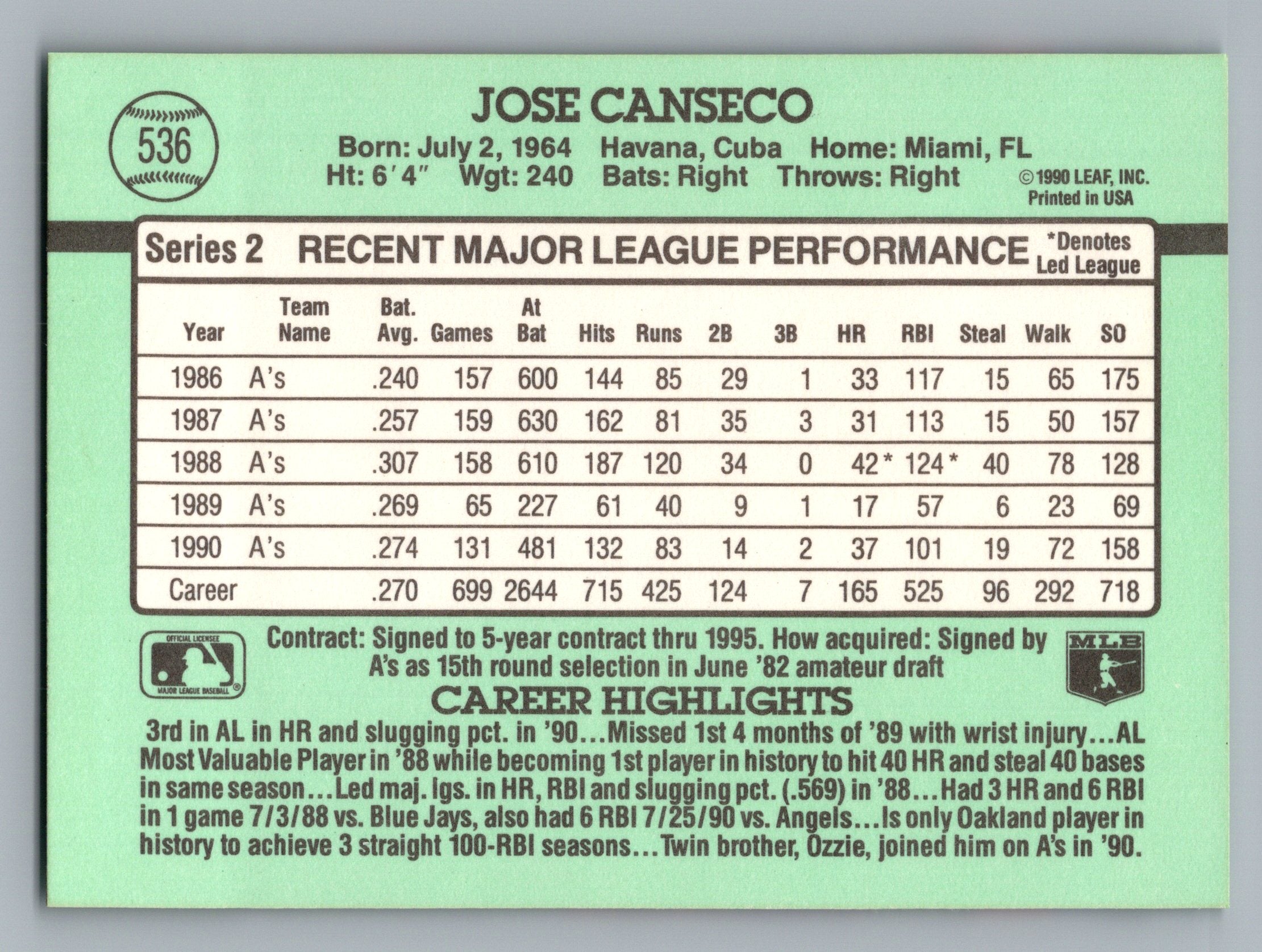 1991 Donruss #536 Jose Canseco