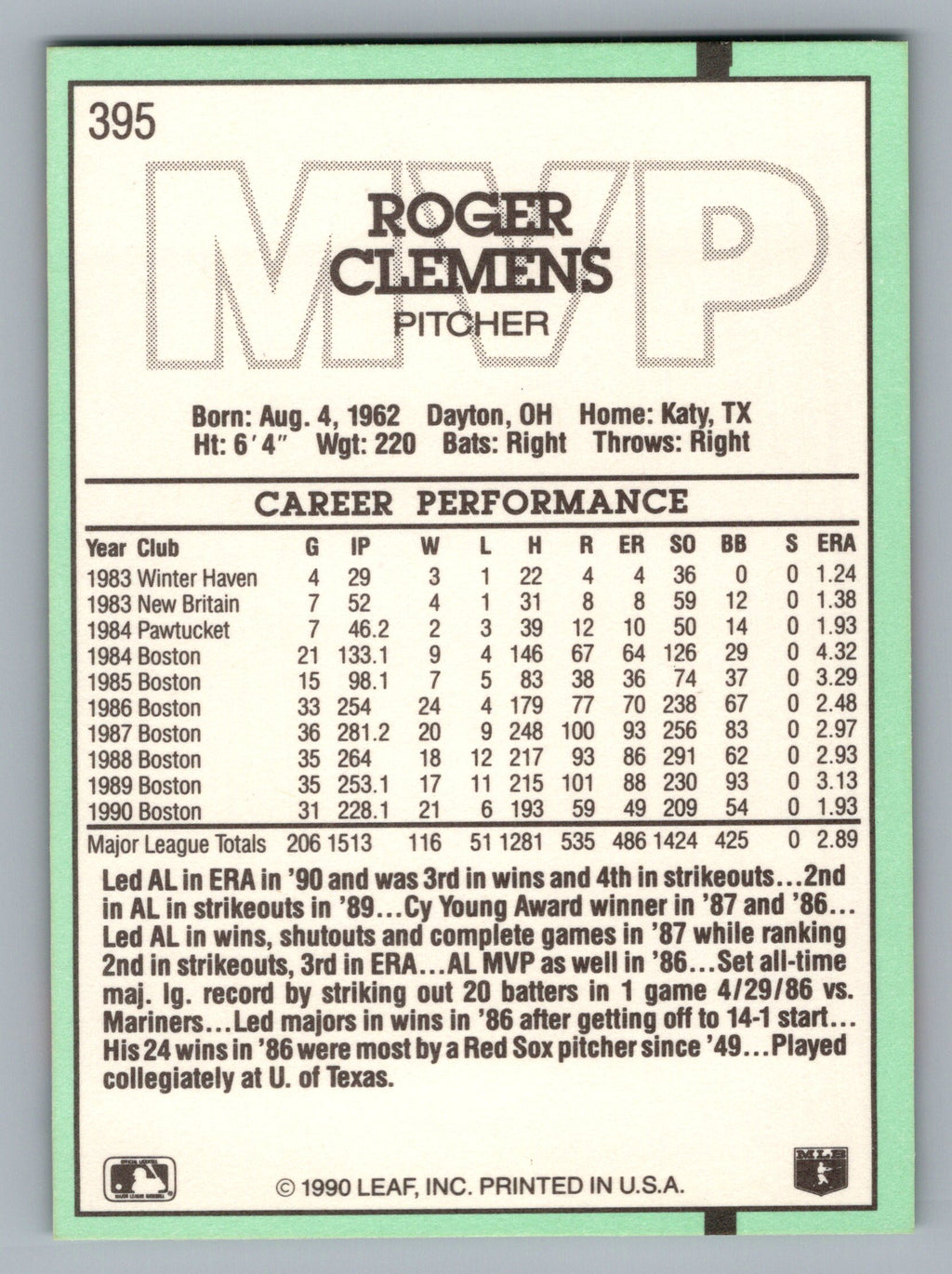 1991 Donruss #395 Roger Clemens