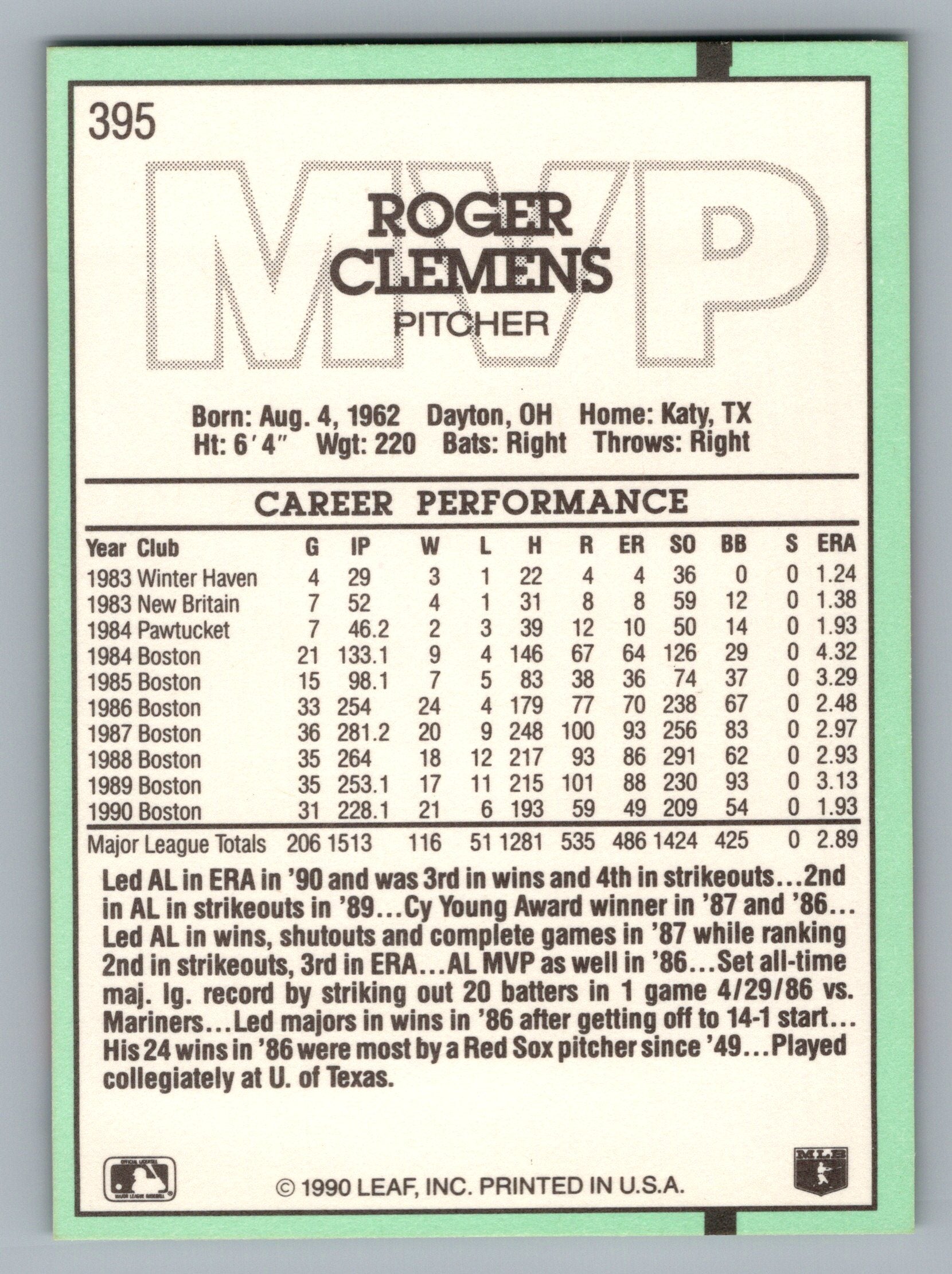 1991 Donruss #395 Roger Clemens
