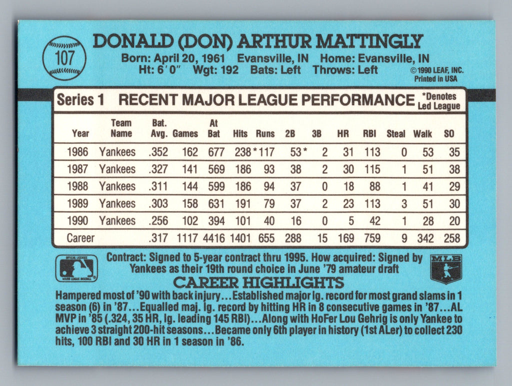 1991 Donruss #107 Don Mattingly