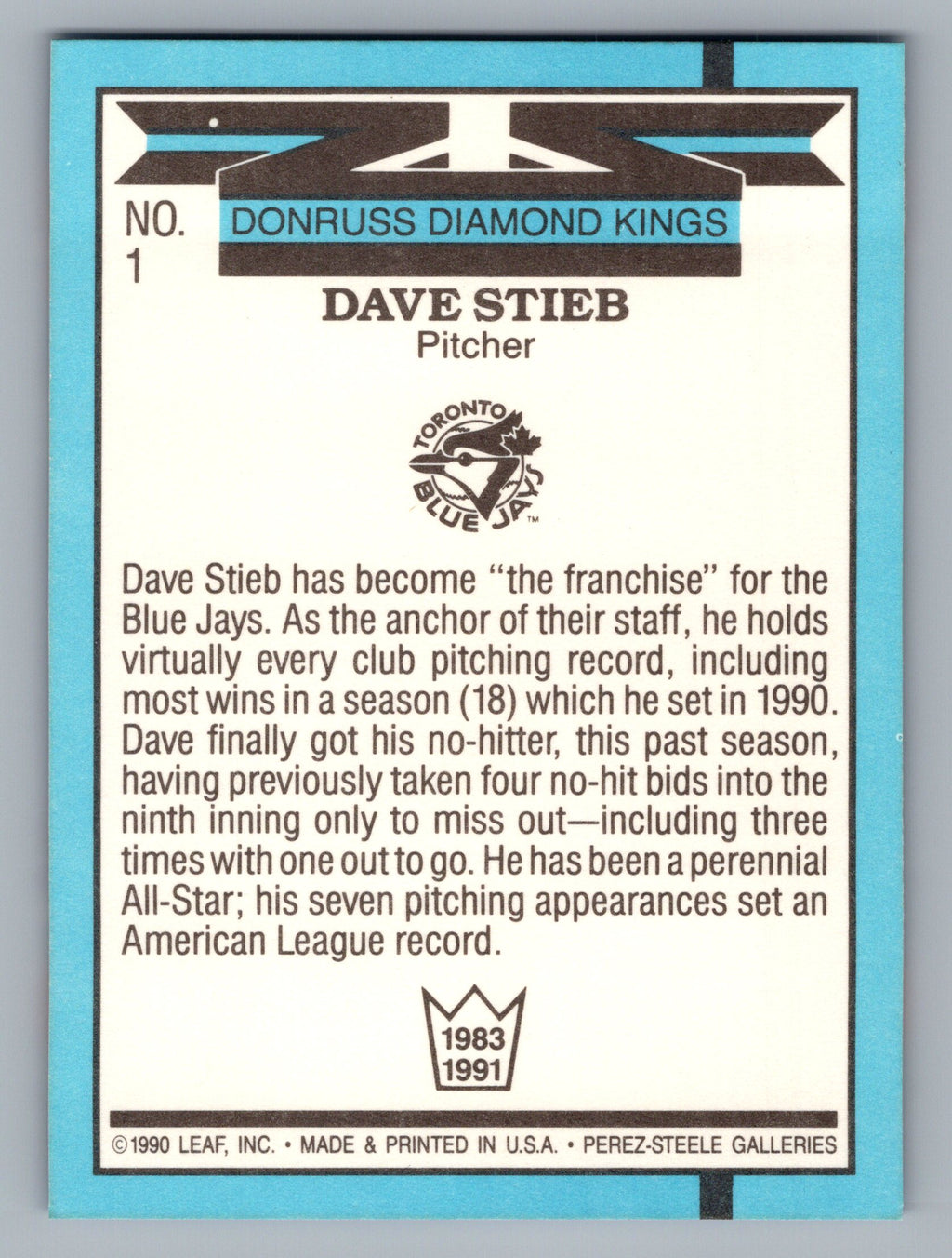 1991 Donruss #1 Dave Stieb Super Diamond Kings