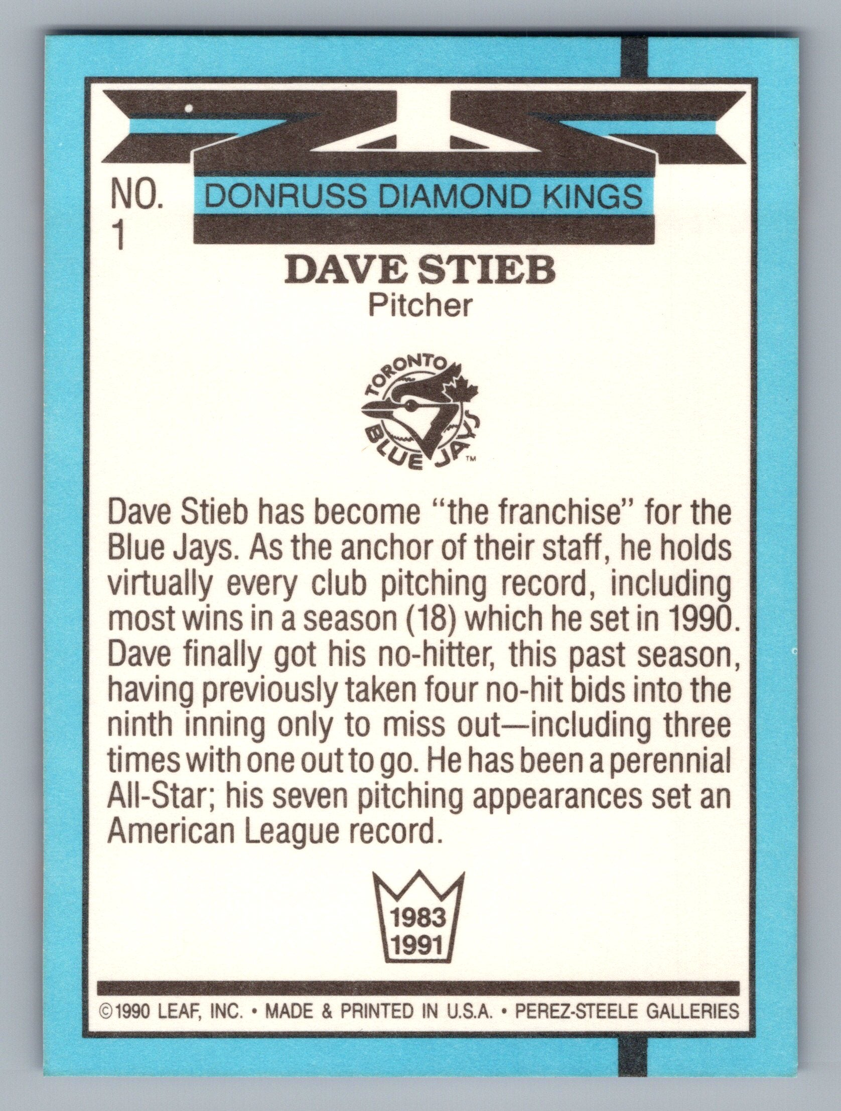 1991 Donruss #1 Dave Stieb Super Diamond Kings