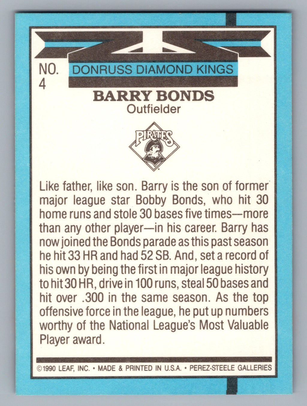 1991 Donruss #4 Barry Bonds Super Diamond Kings
