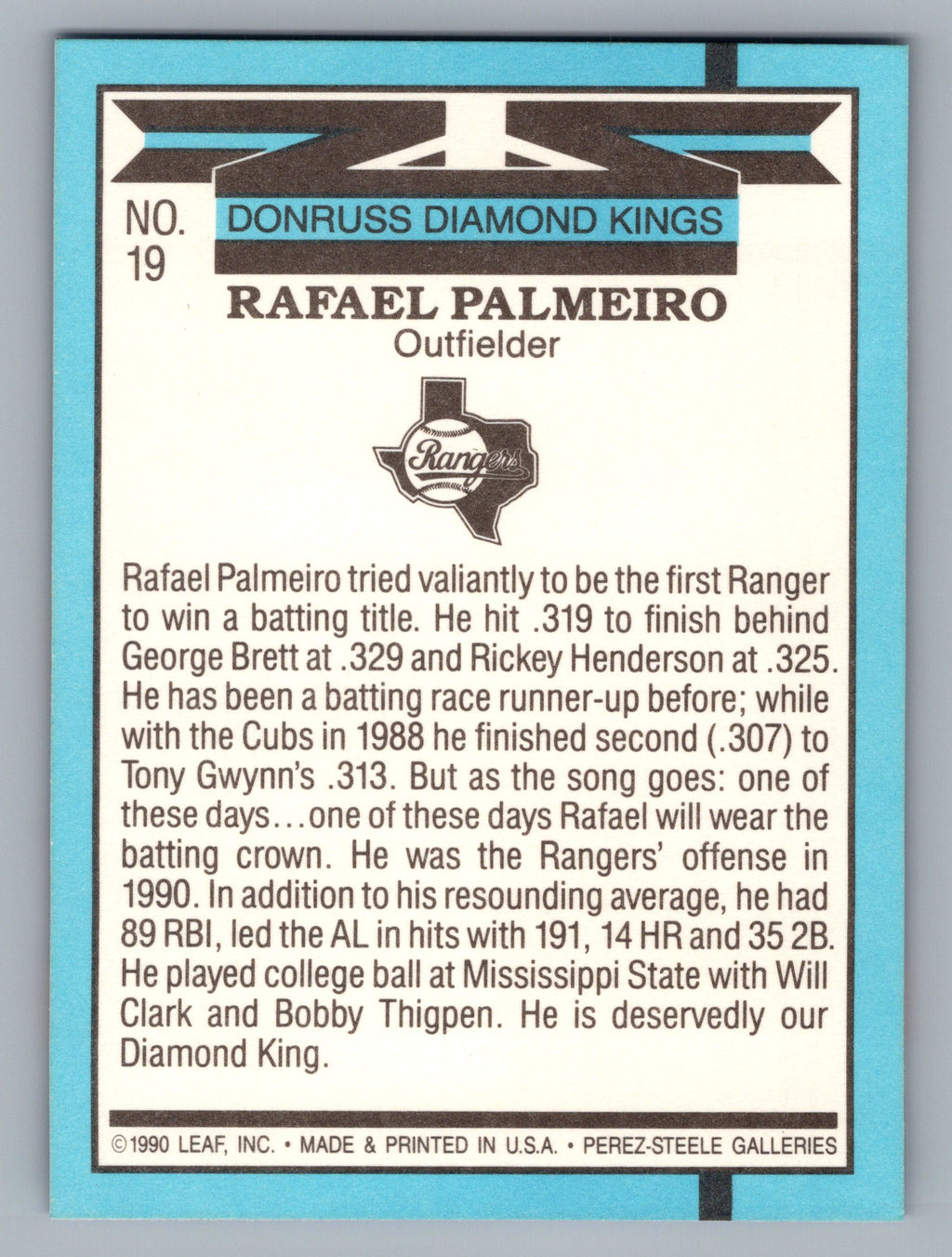 1991 Donruss #19 Rafael Palmeiro Super Diamond Kings