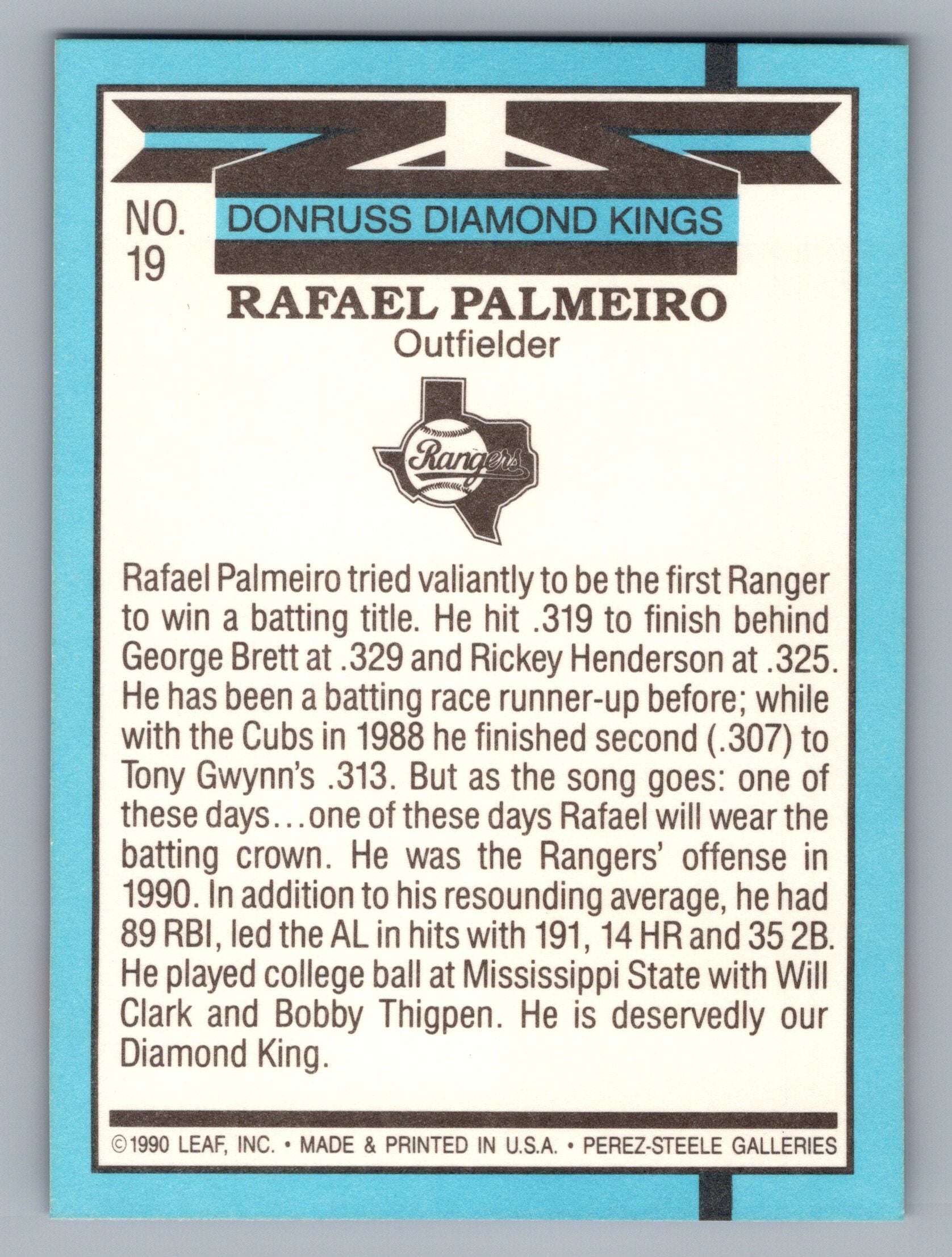 1991 Donruss #19 Rafael Palmeiro Super Diamond Kings