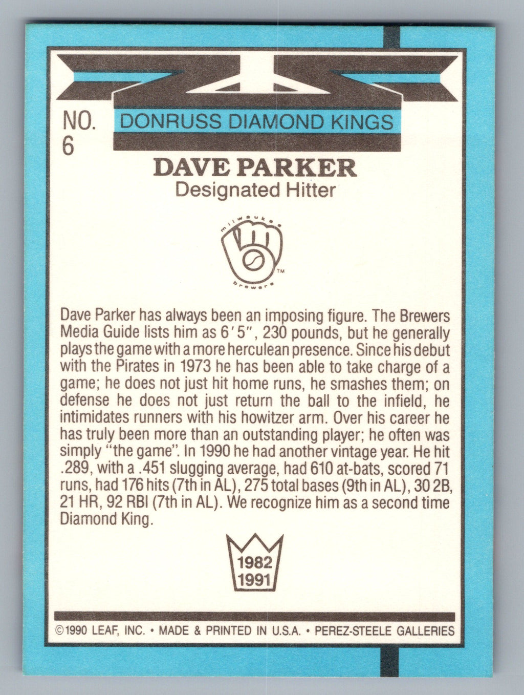 1991 Donruss #6 Dave Parker Super Diamond Kings