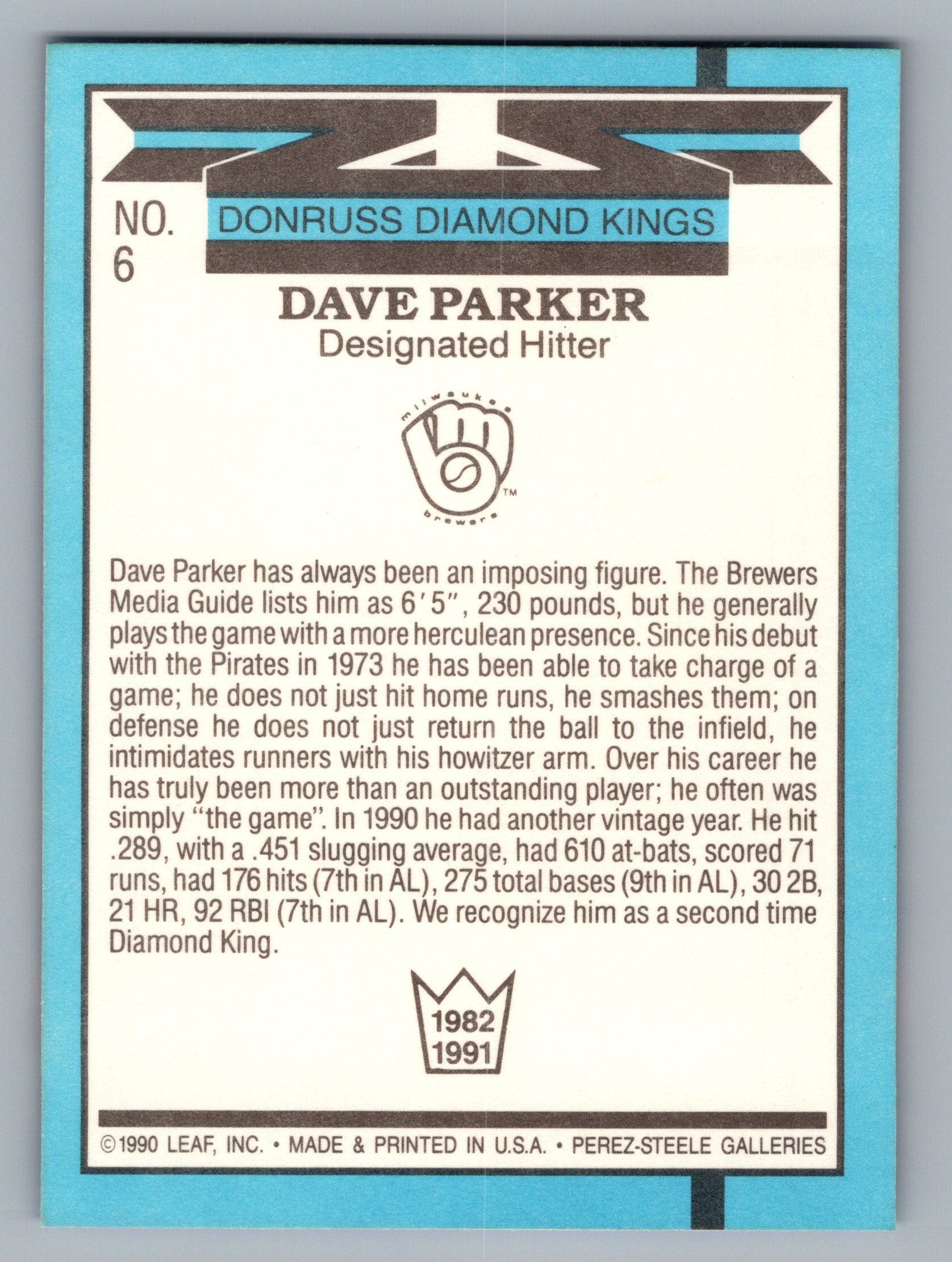 1991 Donruss #6 Dave Parker Super Diamond Kings