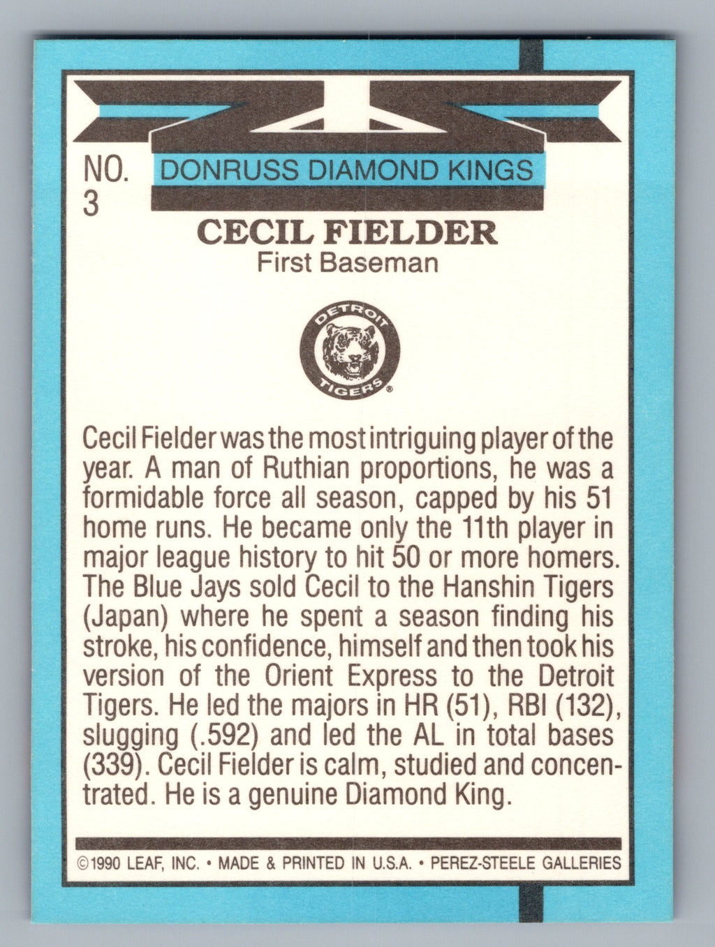 1991 Donruss #3 Cecil Fielder Super Diamond Kings