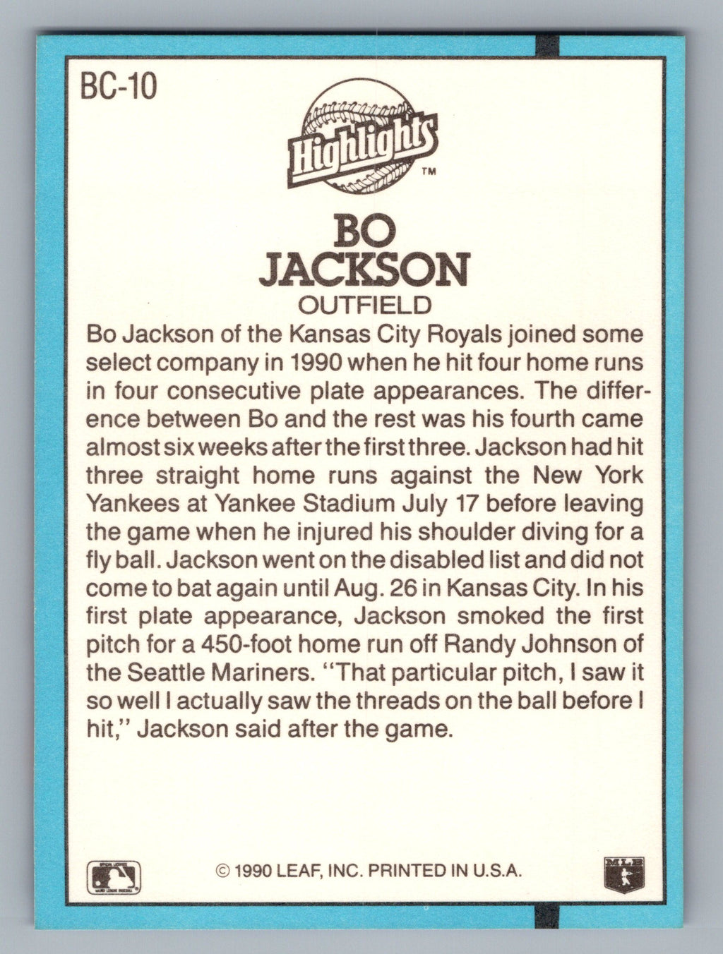 1991 Donruss #BC-10b Bo Jackson Bonus Cards