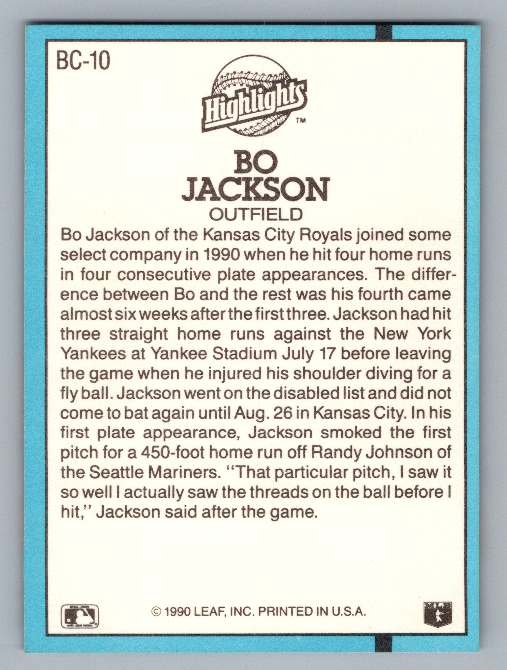 1991 Donruss #BC-10b Bo Jackson Bonus Cards