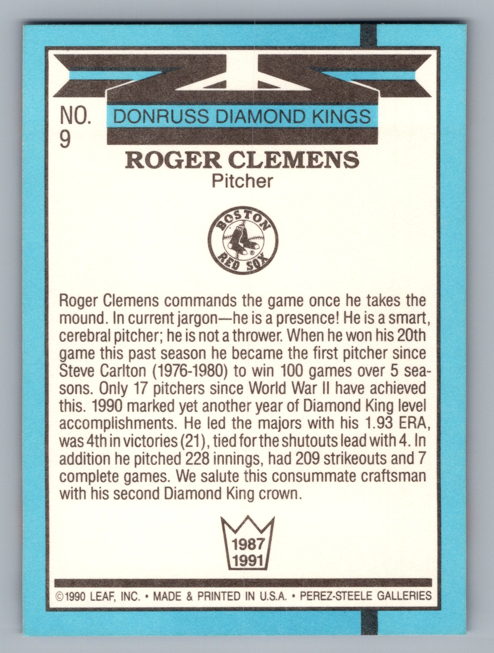 1991 Donruss #9 Roger Clemens Super Diamond Kings