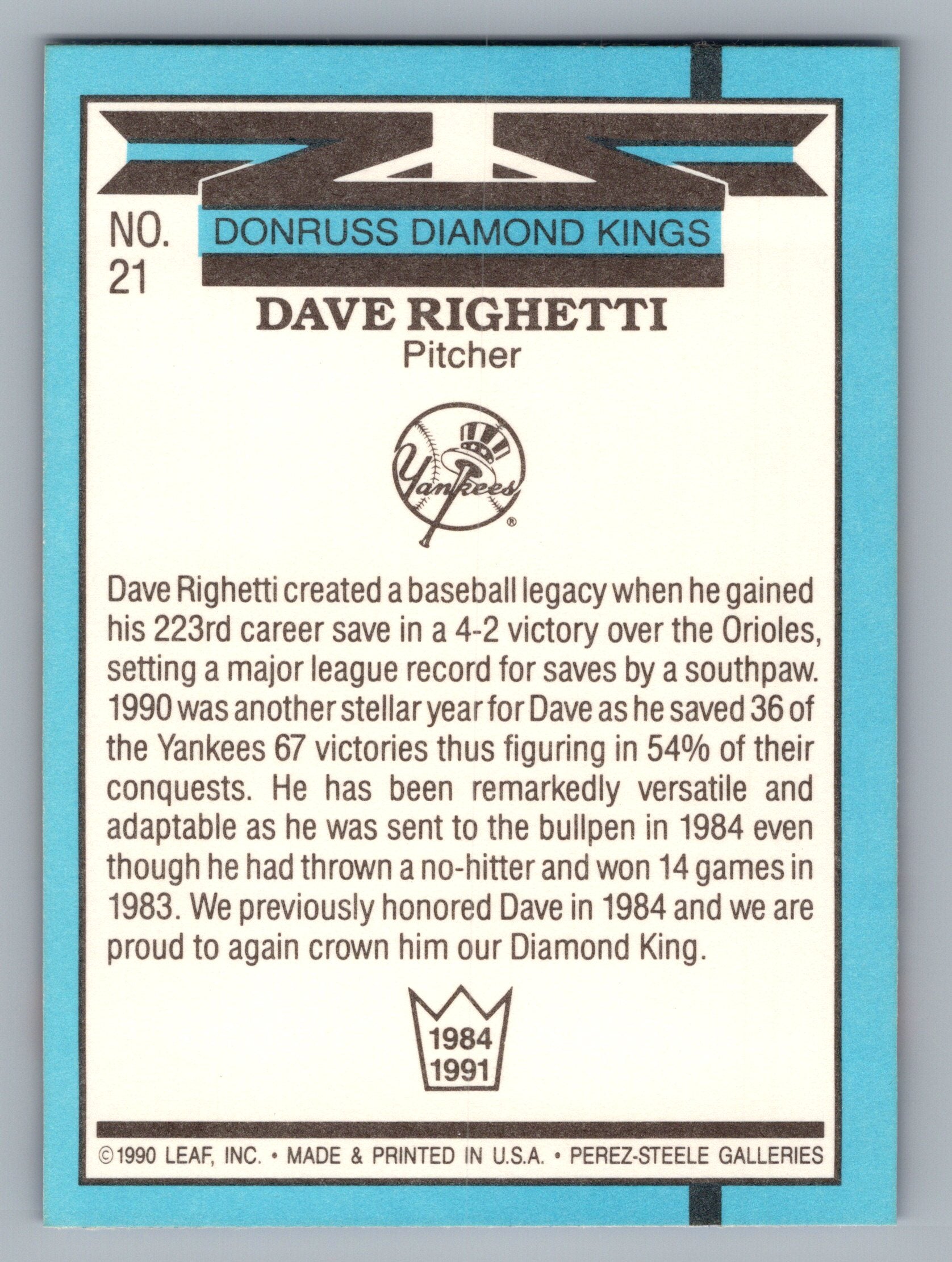 1991 Donruss #21 Dave Righetti Super Diamond Kings