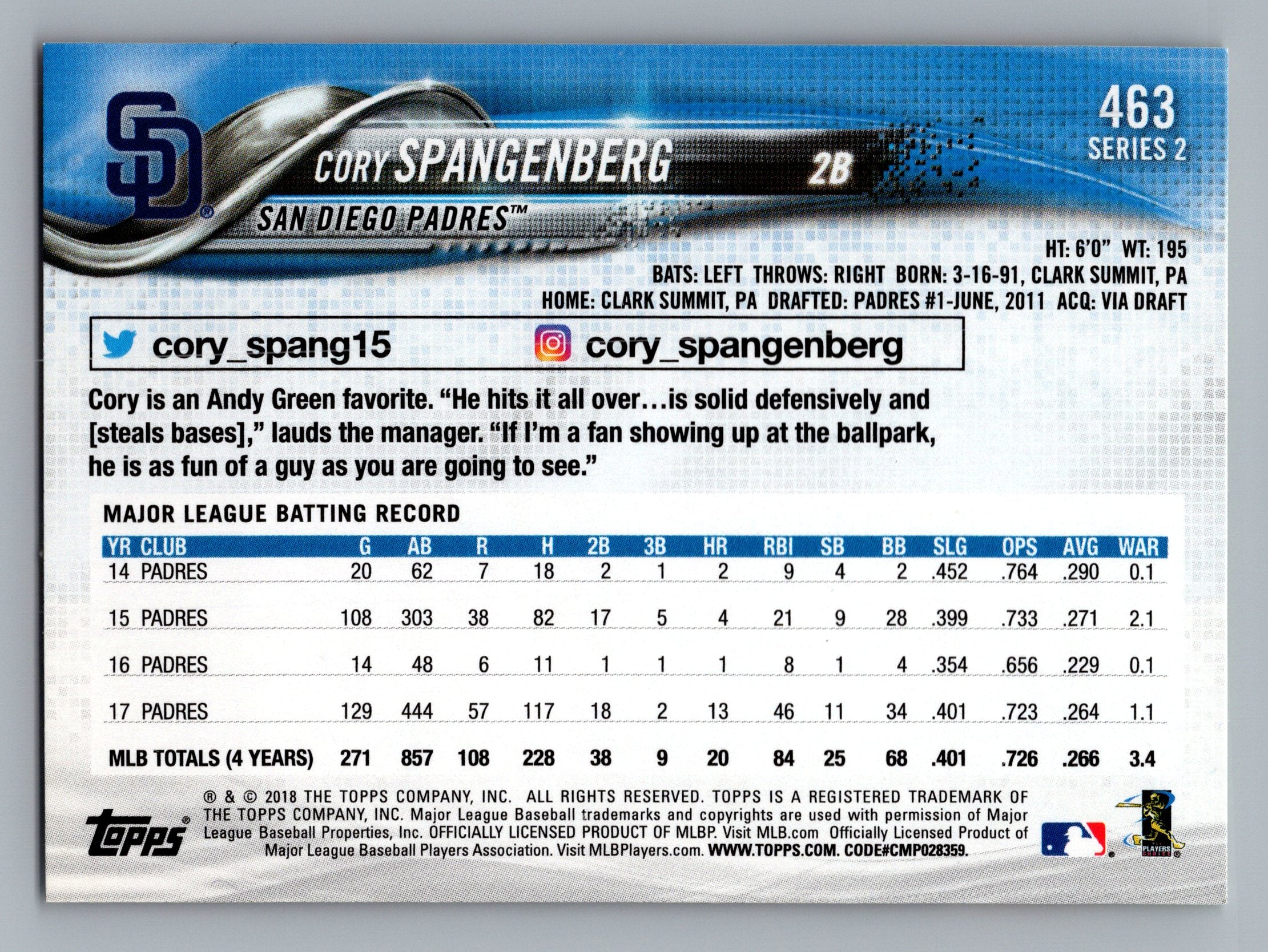 2018 Topps #463 Cory Spangenberg