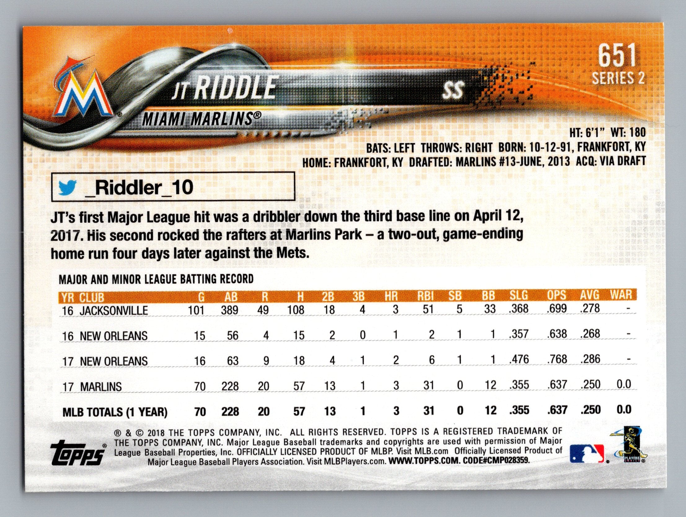 2018 Topps #651 J.T. Riddle