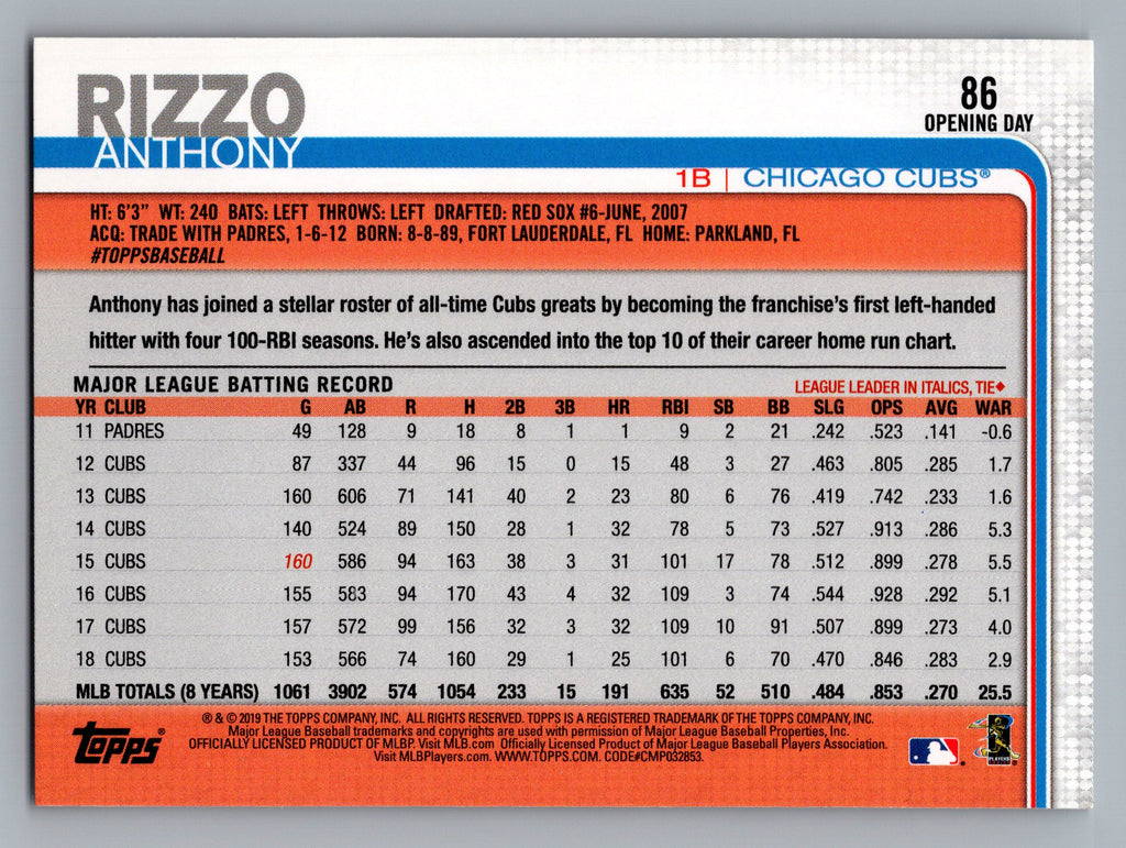 2019 Topps #596 Anthony Rizzo 582 Montgomery