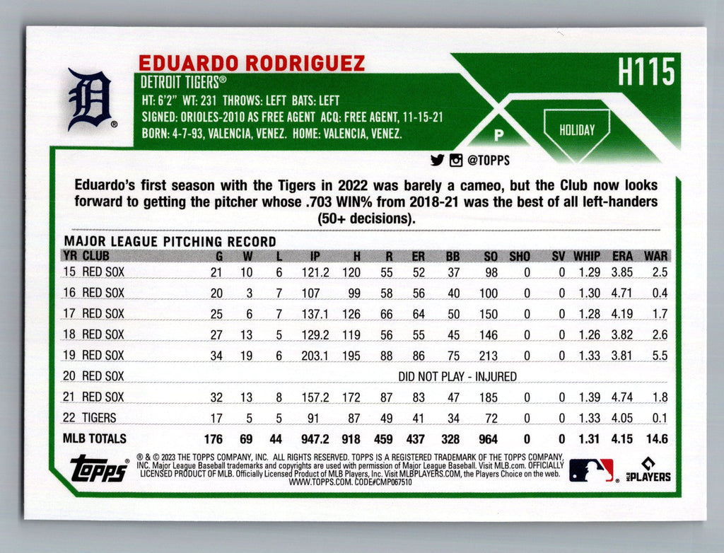 2023 Topps Holiday #H115 Eduardo Rodriguez Metallic