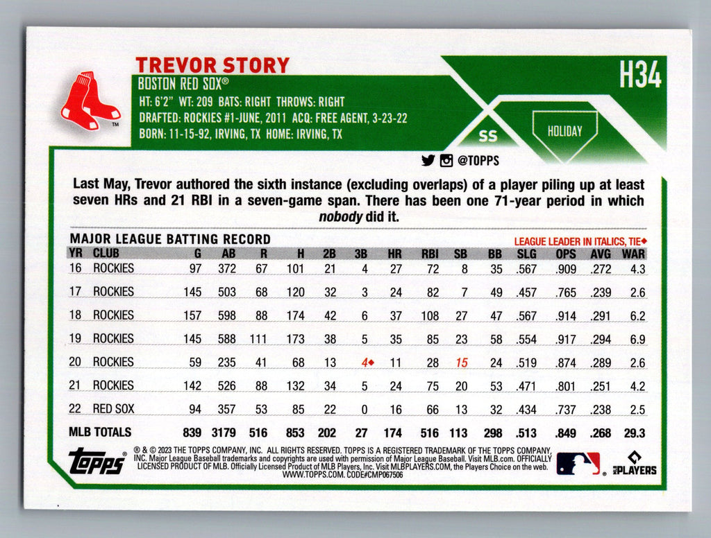 2023 Topps Holiday #H34 Trevor Story