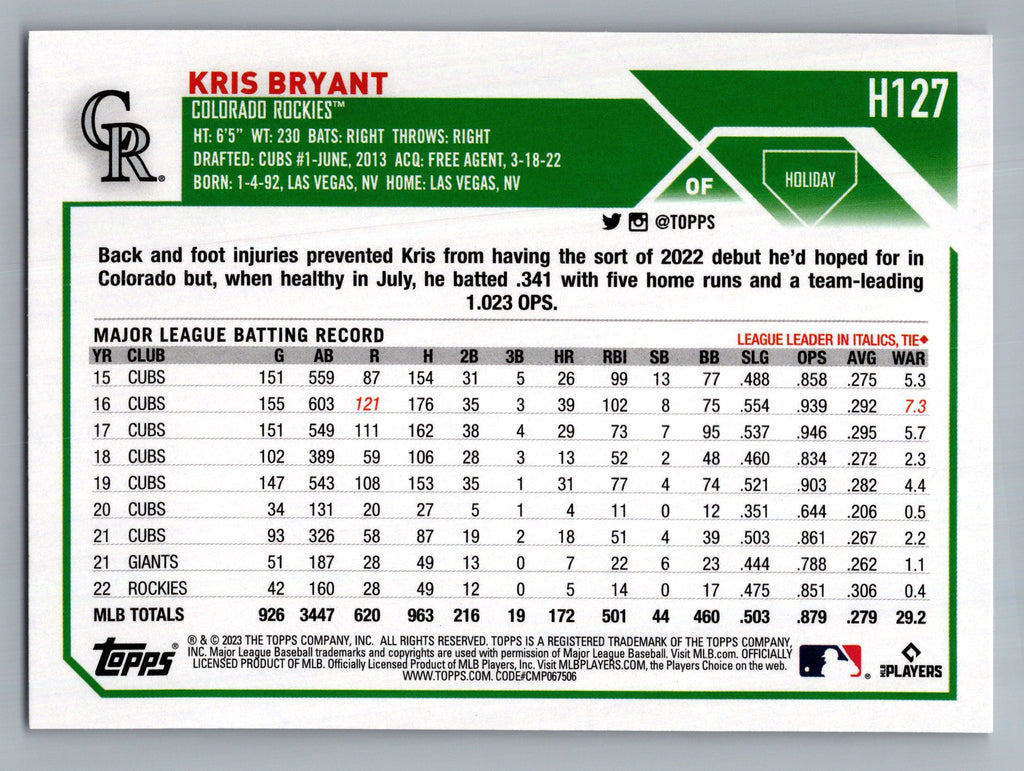 2023 Topps Holiday #H127 Kris Bryant