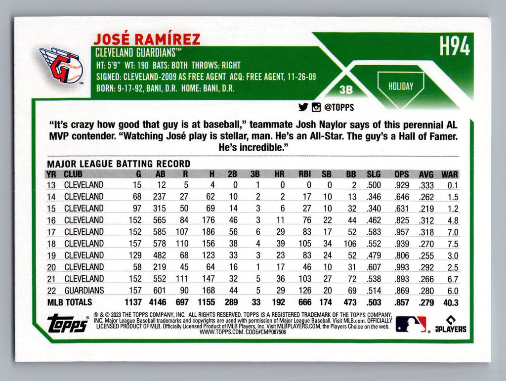 2023 Topps Holiday #H94 José Ramírez