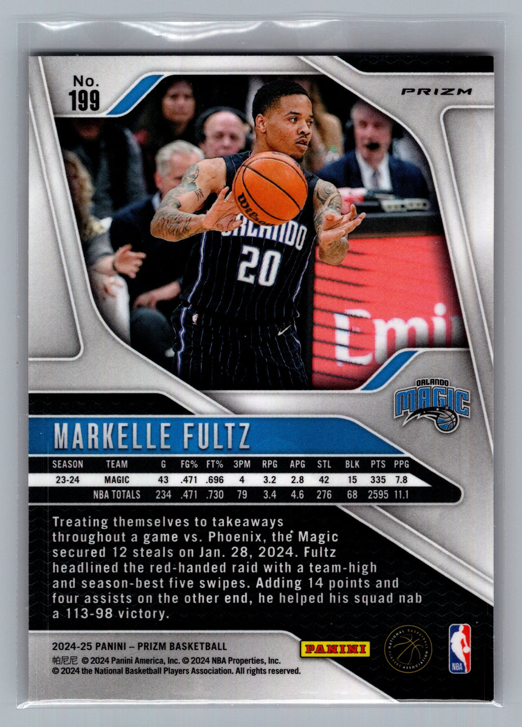 2024-25 Panini Prizm #199 Markelle Fultz Prizms Orange Ice