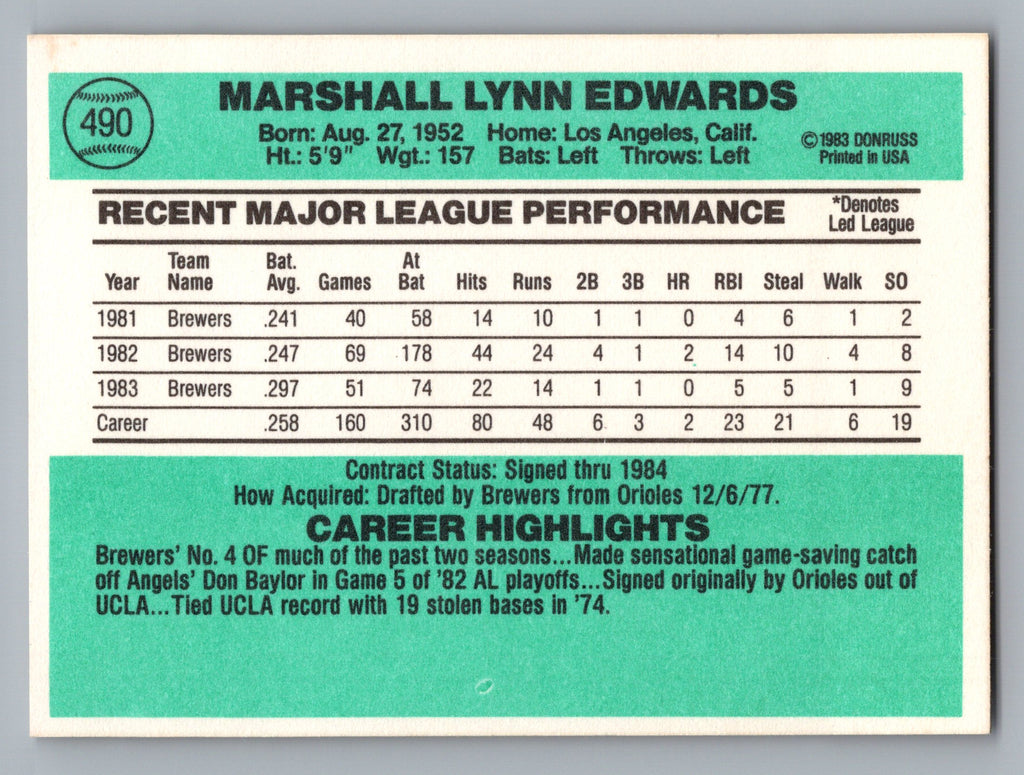 1984 Donruss #490 Marshall Edwards