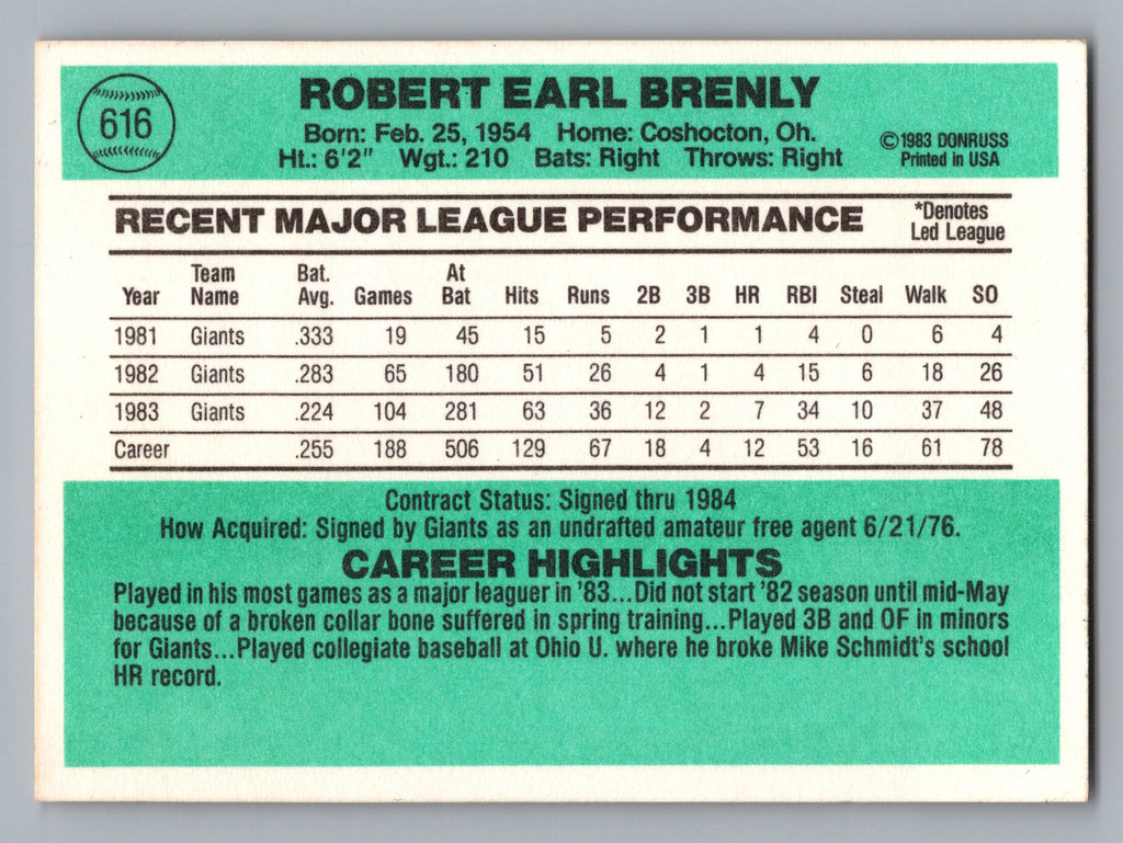 1984 Donruss #616 Bob Brenly