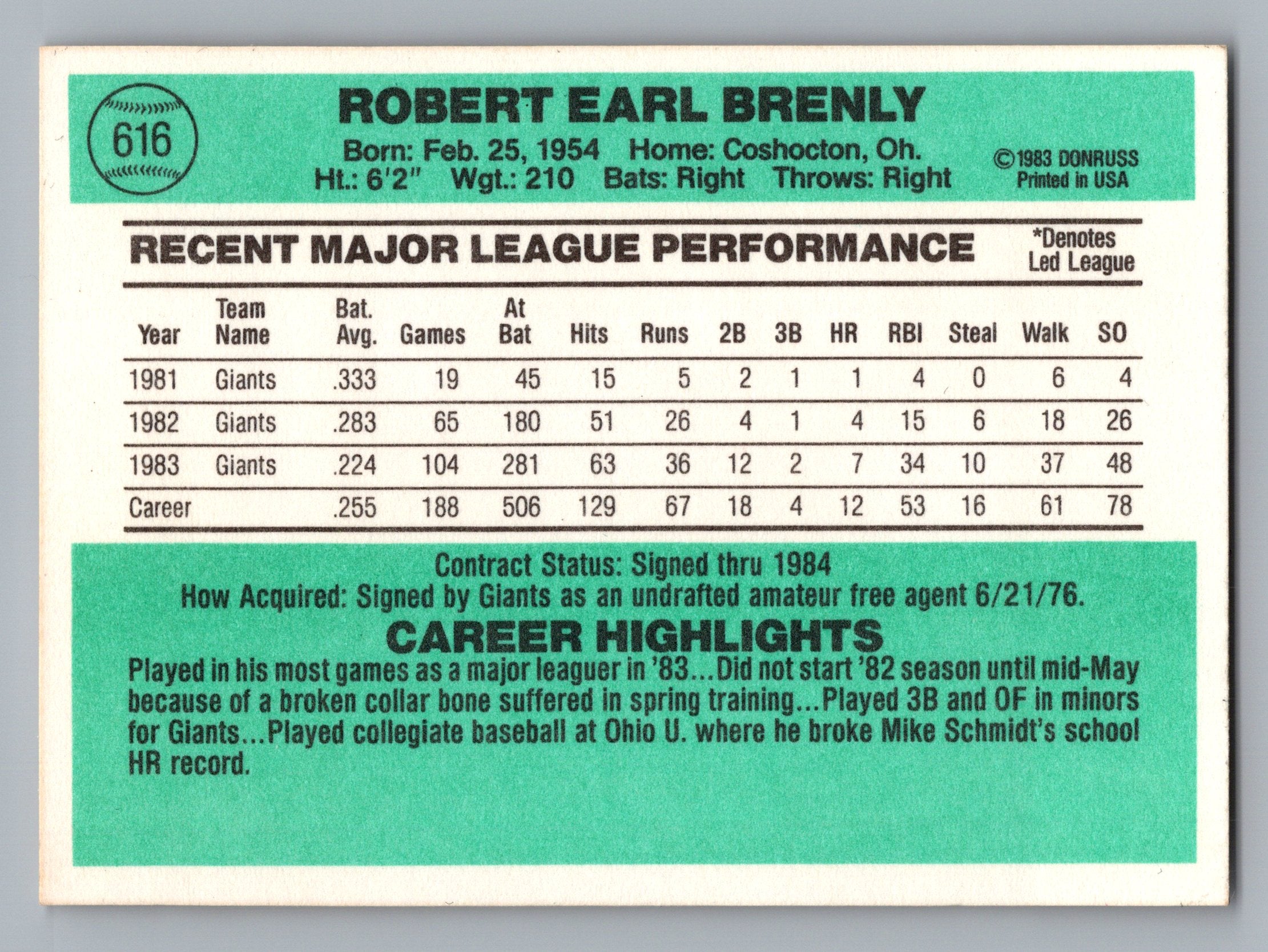 1984 Donruss #616 Bob Brenly