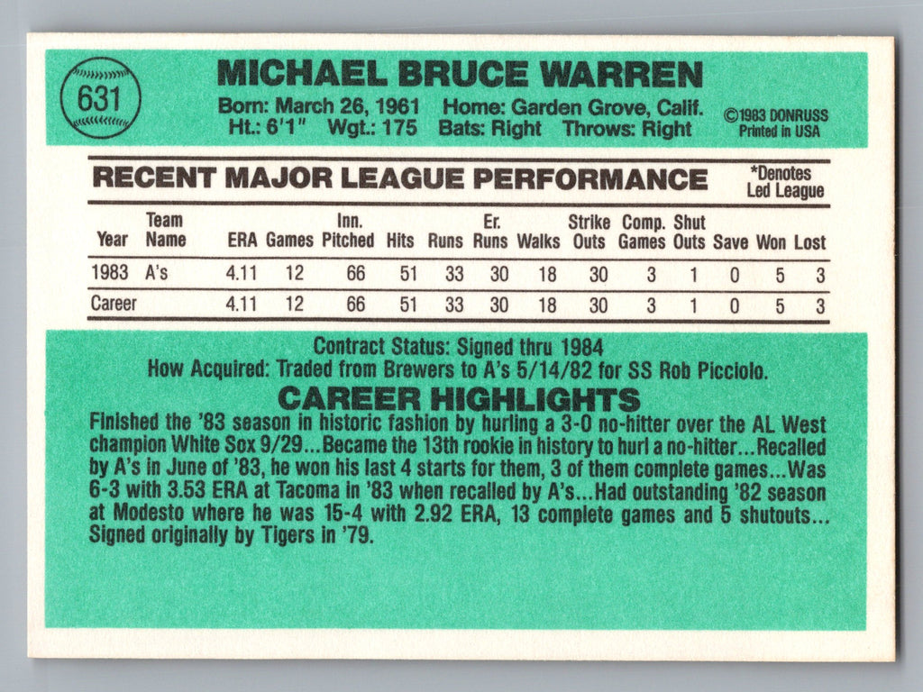 1984 Donruss #631 Mike Warren