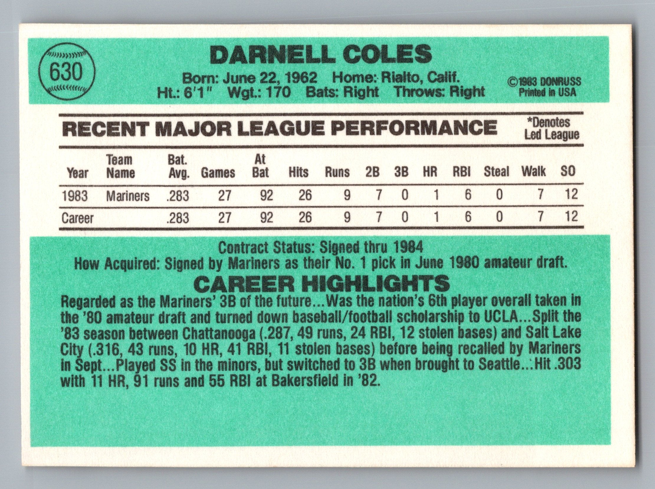 1984 Donruss #630 Darnell Coles