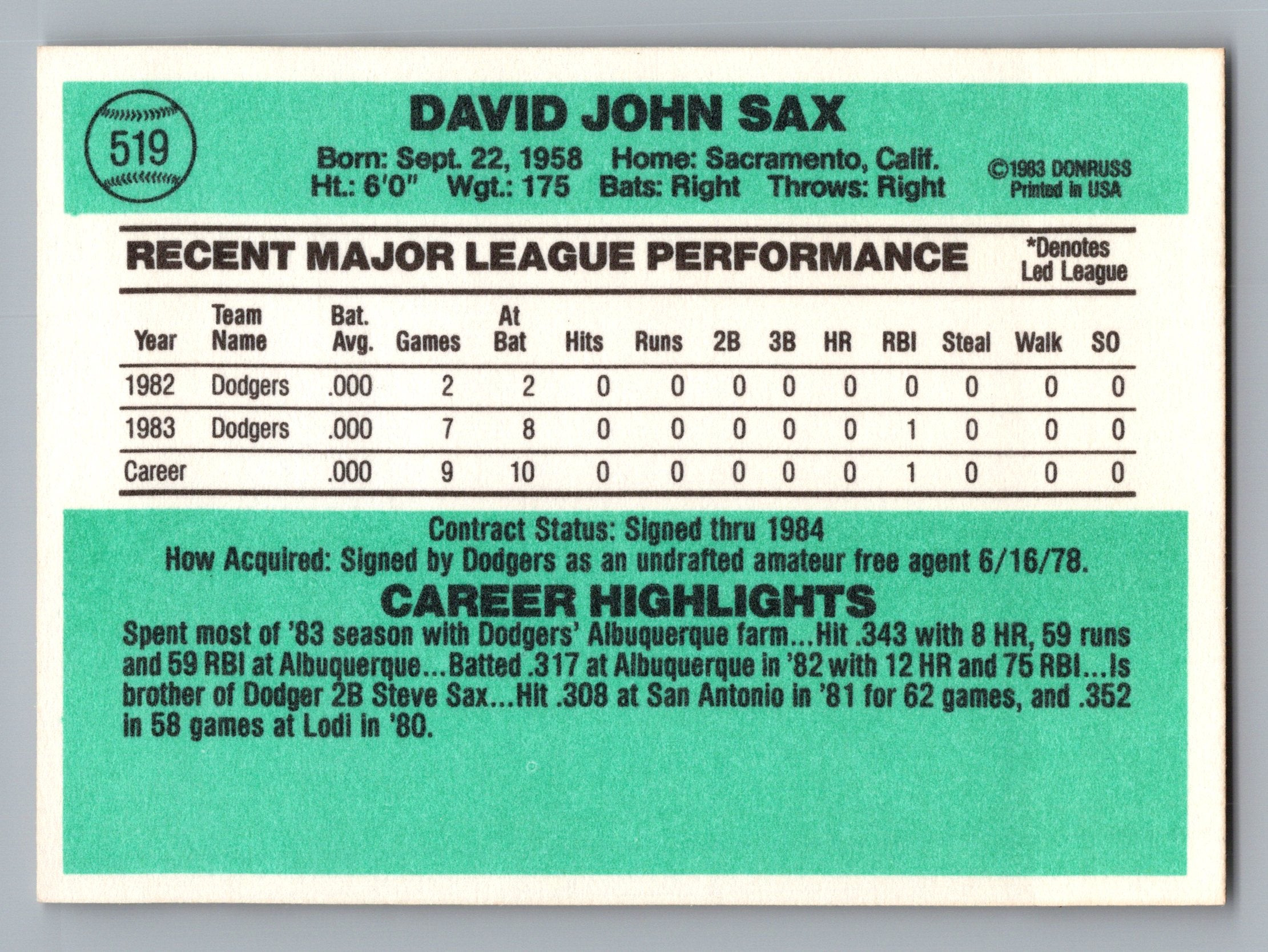1984 Donruss #519 Dave Sax