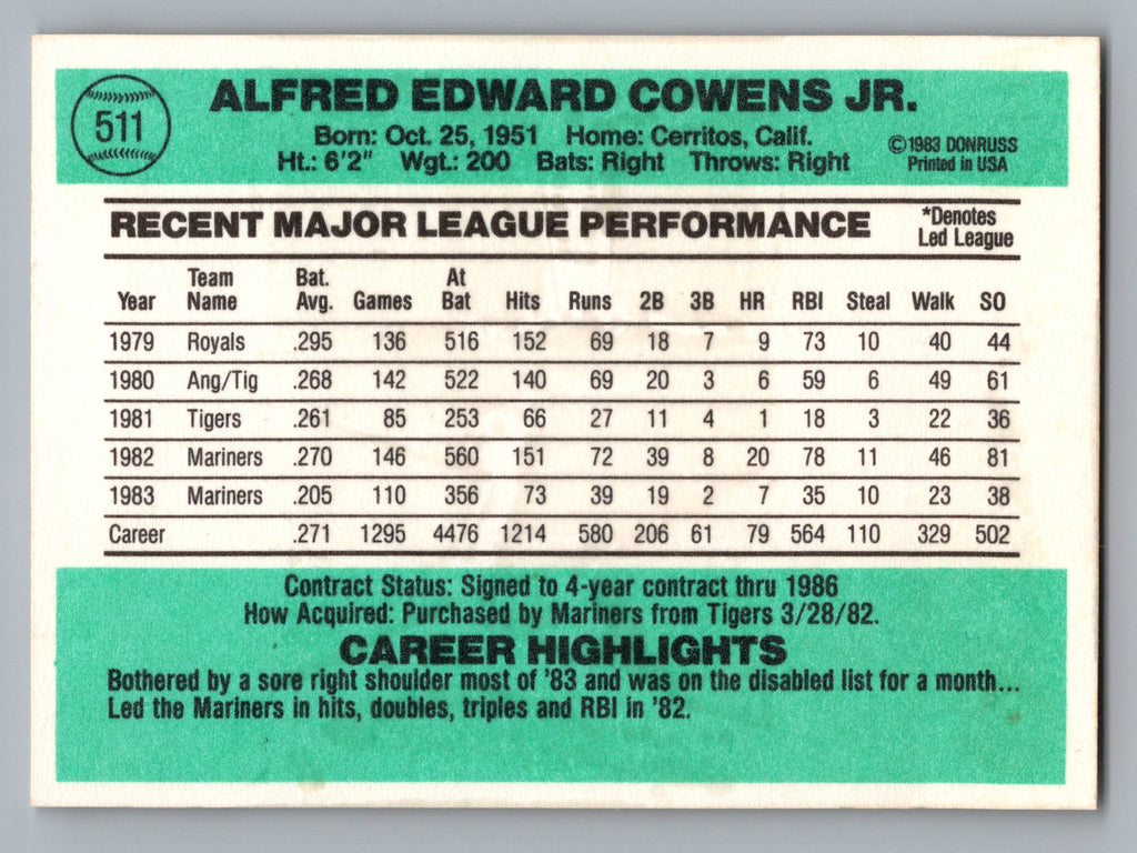 1984 Donruss #511 Al Cowens