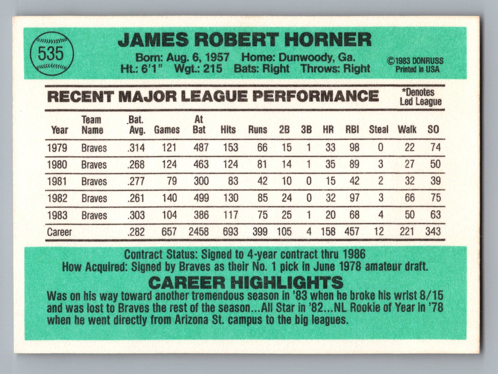 1984 Donruss #535 Bob Horner
