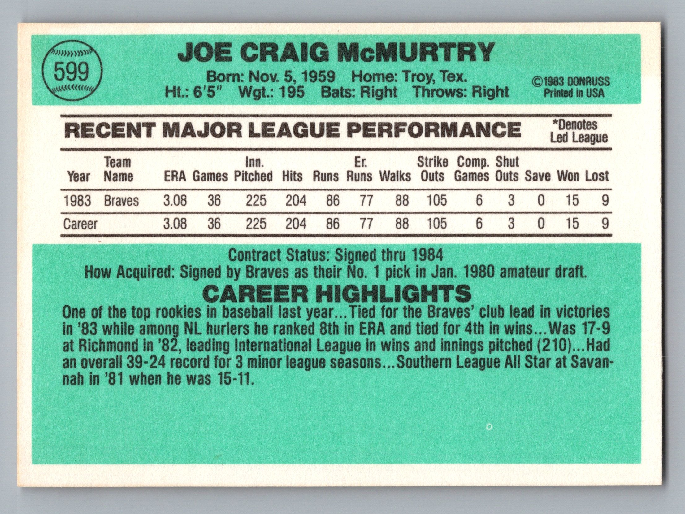 1984 Donruss #599 Craig McMurtry