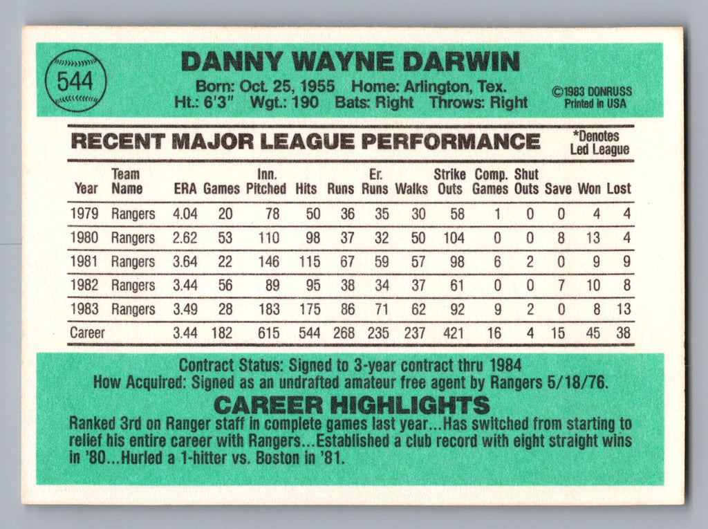 1984 Donruss #544 Danny Darwin