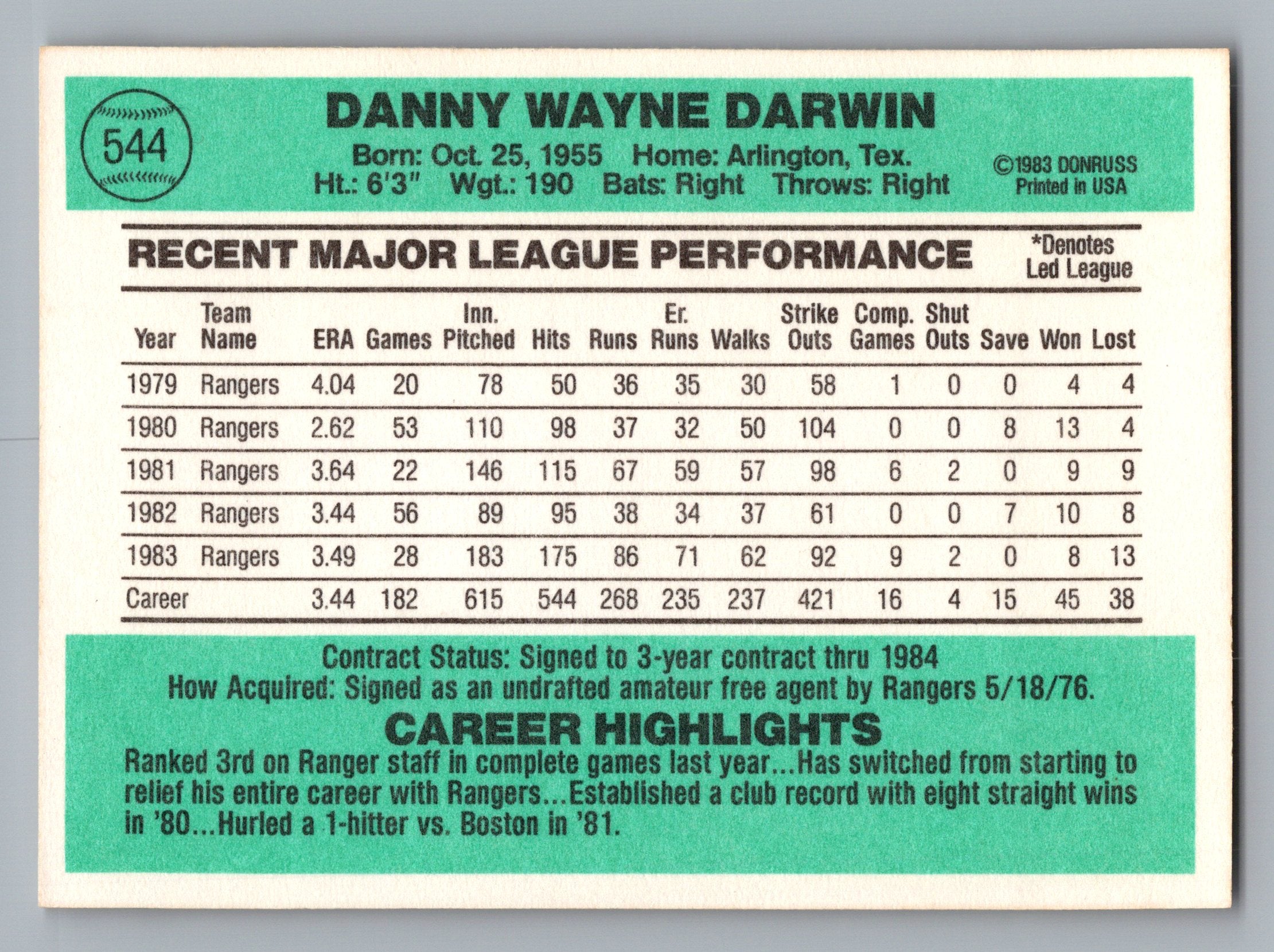 1984 Donruss #544 Danny Darwin