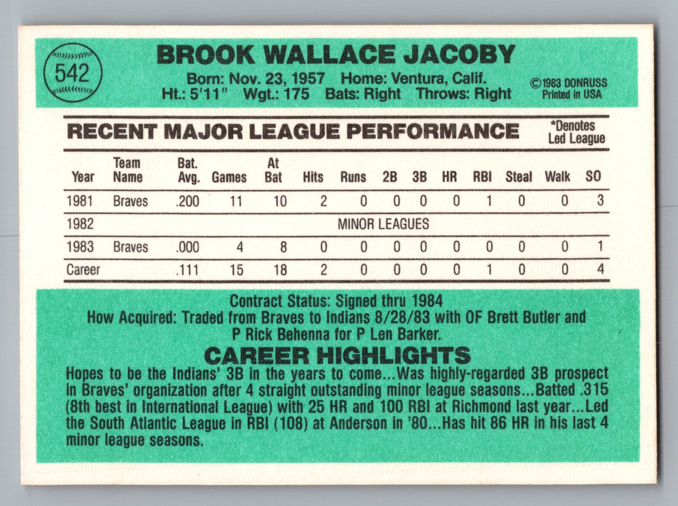 1984 Donruss #542 Brook Jacoby