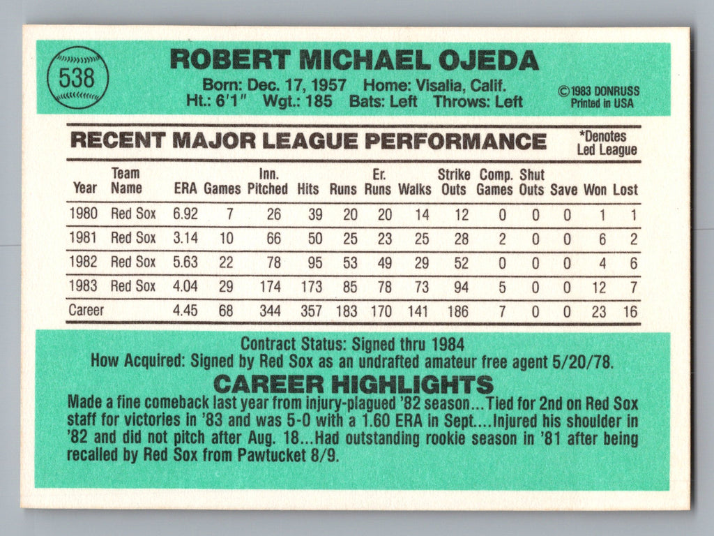 1984 Donruss #538 Bob Ojeda